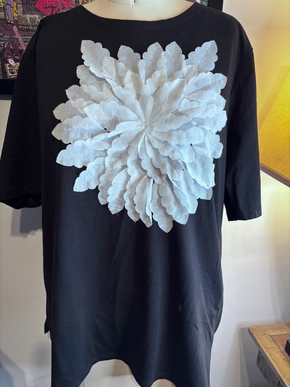 Black Tee with Large White Floral Applique